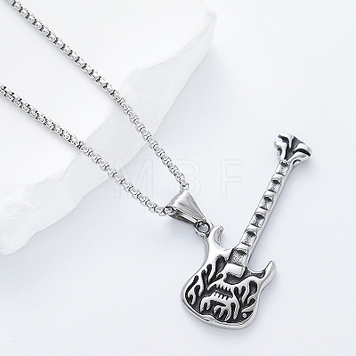 Vintage 304 Stainless Steel Flame Rock Guitar Pendant Necklaces for Men and Women PN9631-1