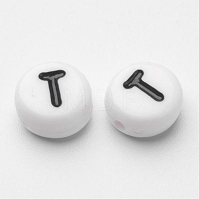 Flat Round with Letter T Acrylic Beads X-PL37C9070-T-1