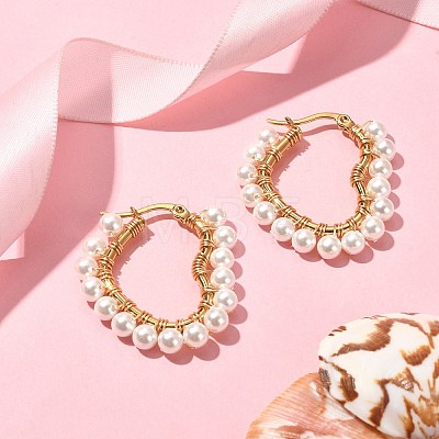 Shell Pearl Beaded Heart Hoop Earrings EJEW-TA00248-1