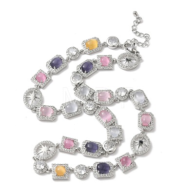 Brass Micro Pave Clear Cubic Zirconia with Multicolor Cat Eye Rectangle Square Oval Tennis Necklaces NJEW-G183-05P-1