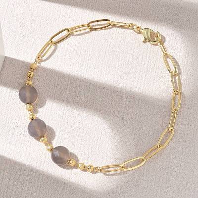 Natural Grey Agate Faceted Flat Round Beaded Brass Paperclip Chain Bracelets GG-CBA37F5-02G-05-1