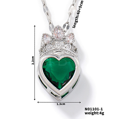 Fashionable Brass Cubic Zirconia Crown Heart-Shaped Pendant Dapped Chain Necklaces for Women SM2288-1-1