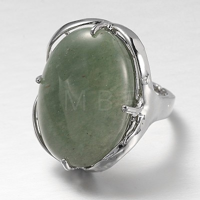 Adjustable Oval Brass Natural Green Aventurine Wide Band Rings RJEW-L062-03E-1