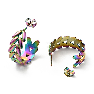 Rainbow Color Leaf Wrap Stud Earrings EJEW-G293-03M-1