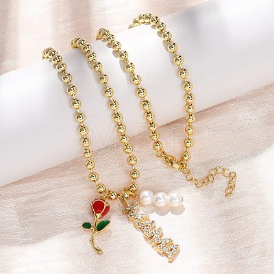 Mother's Day Brass Micro Pave Clear Cubic Zirconia Enamel Red Rose Flower Mama Pendant Necklaces for Women NJEW-A071-02G-1