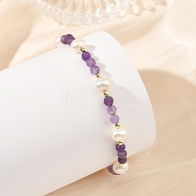 Faceted Round Gemstone & Natural Cultured Freshwater Pearl Beaded Bracelets for Women BJEW-JB14184-1