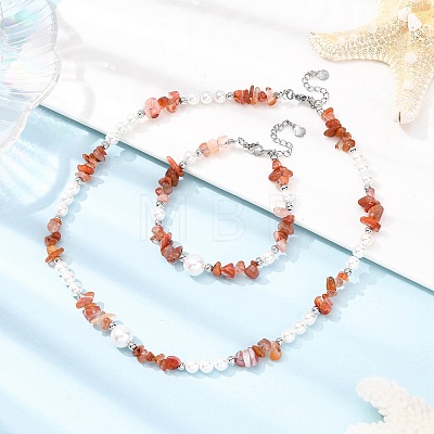 Natural Agate Chip Beads Bracelets & Necklaces Sets SJEW-JS01357-03-1