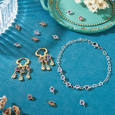 12Pcs 2 Colors Brass Pave Cubic Zirconia Heart Links Connector Charms KK-TA0003-48E-1