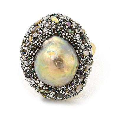 Natural Abalone Shell Open Cuff Ring with Rhinestone RJEW-H220-12G-1