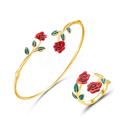 Camellia Flower Brass Enamel Cuff Bangles & Rings Sets for Women WGC9600-01-1
