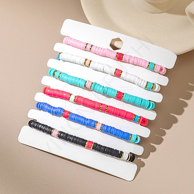 6Pcs Bohemian Style Polymer Clay Disc Beads Braided Bead Bracelets for Women FS-WG52209-01-1
