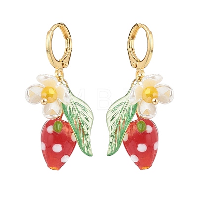 Lampwork Strawberry with Plastic Pearl Flower Dangle Leverback Earring X-EJEW-TA00130-1