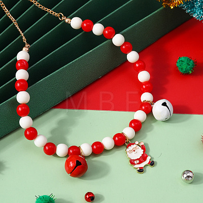 Alloy Enamel Santa Claus Christmas Bell Pendant Plastic Round Beaded Bib Necklaces FS-WG6C443-01-1