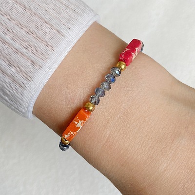 Dyed Synthetic Imperial Jasper Cuboid & Faceted Rondelle Dyed White Jade & Round Brass Beaded Stretch Bracelets QY8342-6-1