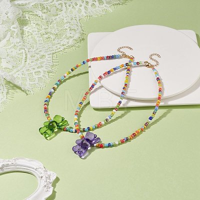 Acrylic Bear & Glass Seed Beaded Necklace for Women NJEW-JN03930-1