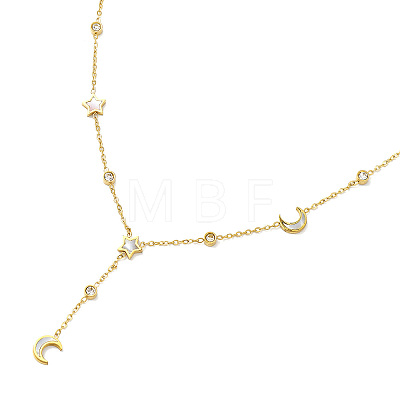 Rhinestone & Natural  Shell Moon & Star Link Chains Lariat Necklace NJEW-M199-08G-1