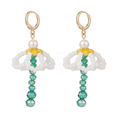 Shell Pearl & Glass Braided Flower with Long Tassel Dangle Leverback Earrings EJEW-TA00122-1