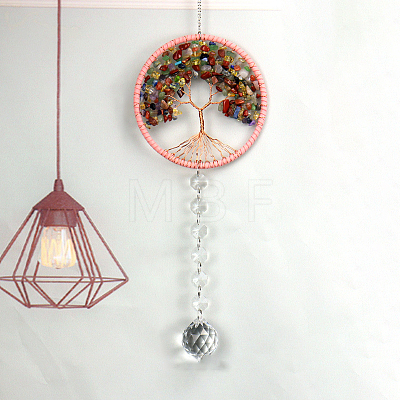 Tree of Life Mixed Gemstone Chip Suncatcher DJEW-PW0017-07-1