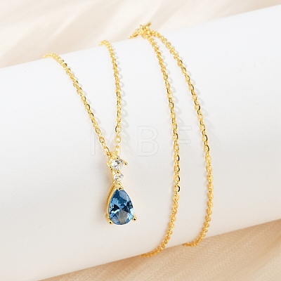 925 Sterling Silver Sapphire Rhinestone Teardrop Pendant Necklace for Women NJEW-V013-01G-1
