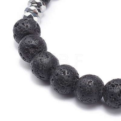 Natural Lava Rock & Mixed Stone Stretch Bracelet with Alloy Oval Charm BJEW-JB08733-01-1
