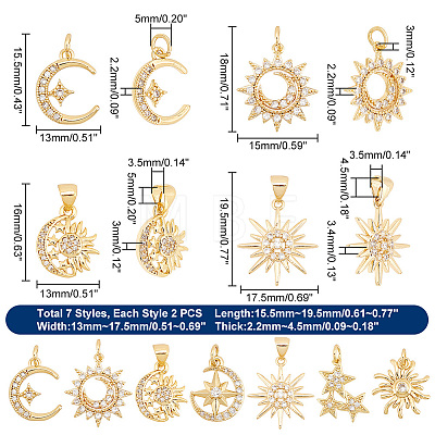 AHADERMAKER 14Pcs 7 Style Brass Micro Pave Clear Cubic Zirconia Pendants FIND-GA0002-36-1