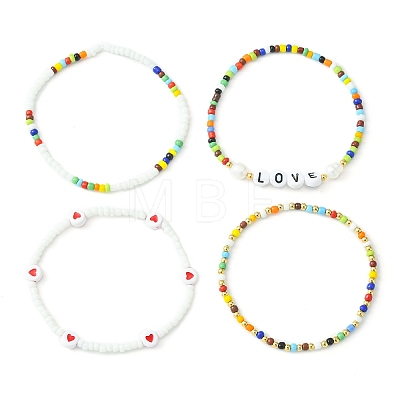 4Pcs 4 Styles Love Theme Glass Seed Beaded Stretch Bracelets Sets BJEW-TA00323-1