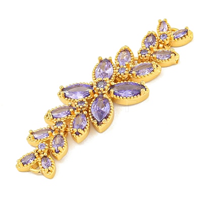 Brass Pave Lilac Cubic Zirconia Flower with Leaf Links Connector Charms KK-P277-52G-03-1