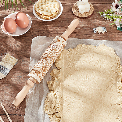 Flower Print Wood Rolling Pin AJEW-WH0528-07-1