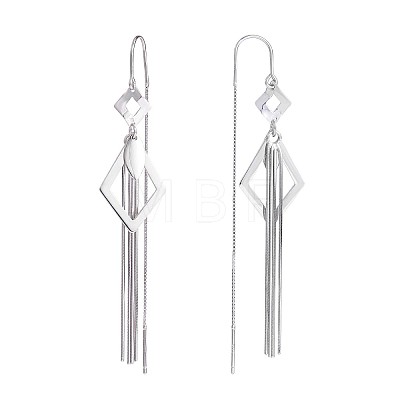 Anti-Tarnish Rhodium Plated 925 Sterling Silver Rhombus with Chain Tassel Dangle Earrings JE1048A-1