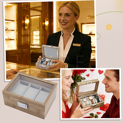 3-Slot Wooden Watch Display Cases with Glass Window Lid and Velvet Pillow Inside CON-WH0043-306B-1