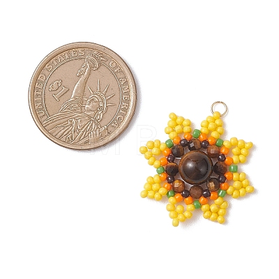 Round Natural Tiger Eye and Glass Seed Beaded Pendants PALLOY-MZ01135-1