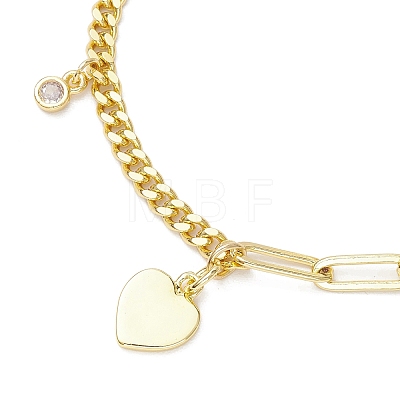 Brass Clear Cubic Zirconia Flat Round & Heart Charm Bracelets BJEW-JB10396-1