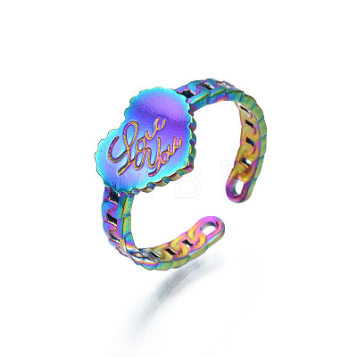 Ion Plating(IP) Rainbow Color 304 Stainless Steel Heart with Word Love You Open Cuff Ring for Women RJEW-S405-261M-1