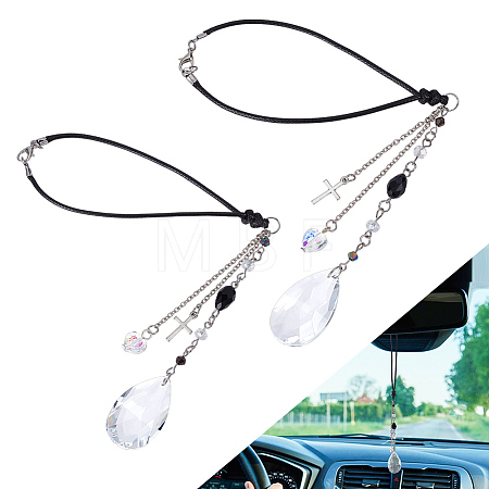 2Pcs Alloy Glass Teardrop with Cross Pendant Decorations HJEW-UN00121-1