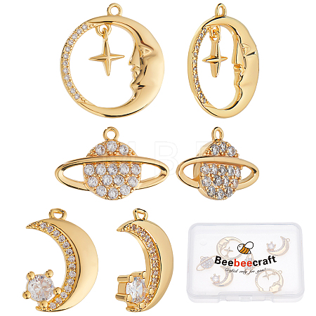 6Pcs 3 Styles Brass Micro Pave Clear Cubic Zirconia Pendants KK-BBC0001-50-1