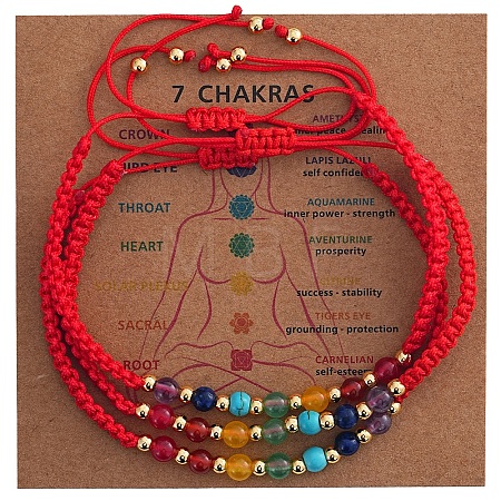 3Pcs Adjustable Chakra Natural & Synthetic Mixed Stone Round Bead Braided Bracelet Sets ZZ4943-5-1