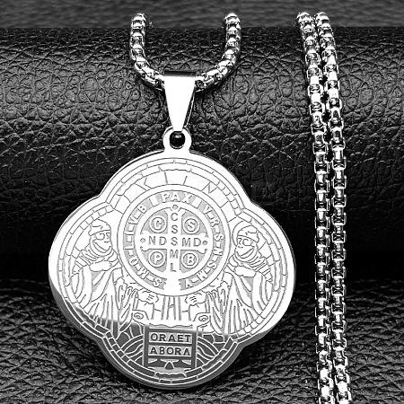 304 Stainless Steel Saint Benedict Pendant Necklaces NJEW-B153-02A-P-1