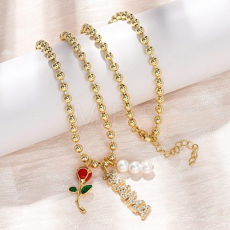 Mother's Day Brass Micro Pave Clear Cubic Zirconia Enamel Red Rose Flower Mama Pendant Necklaces for Women NJEW-A071-02G-1