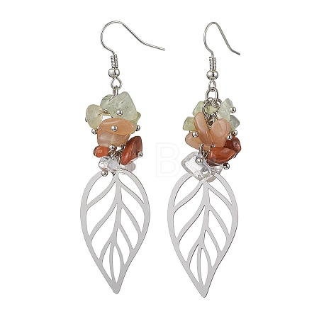 Leaf 201 Stainless Steel Natural Quartz Crystal & Natural Prehnite & Natural Carnelian & Natural Sunstone Chip Dangle Earrings EJEW-JE06138-03-1