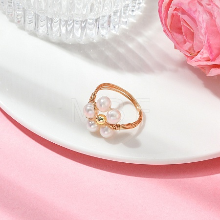 Natural Cultured Freshwater Pearl & Synthetic Hematite Finger Rings RJEW-JR01059-1