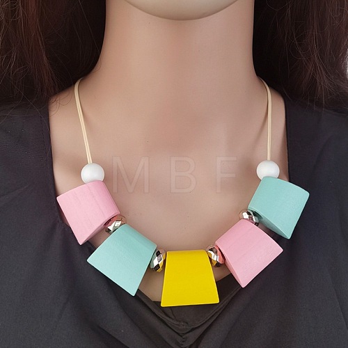 Bohemian Trapezoid Wood & CCB Plastic & Alloy Beaded Bib Necklaces for Women FS-WG0359B-05-1