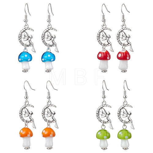 4 Pairs Mushroom Alloy and Lampwork Dangle Earring EJEW-TA00446-1