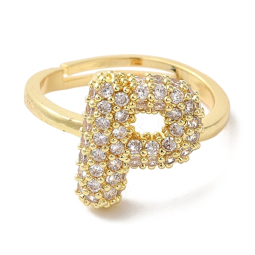 Rack Plating Letter Brass Micro Pave Clear Cubic Zirconia Adjustable Rings for Women KK-S391-03G-P-1