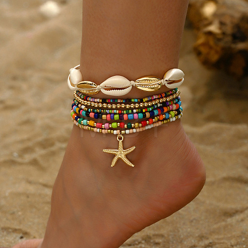 7Pcs 7 Styles Summer Beach Glass Seed Beaded & Natural Shell & Alloy Starfish Charm Anklets WG60733-01-1