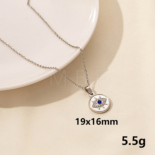 Stylish Stainless Steel Rhinestones Flat Round with Evil Eye Pendant Necklace QQ6499-7-1