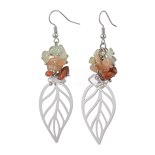 Leaf 201 Stainless Steel Natural Quartz Crystal & Natural Prehnite & Natural Carnelian & Natural Sunstone Chip Dangle Earrings EJEW-JE06138-03-1