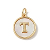 Brass Pave Natural Shell Flat Round with Letter Charms KK-Z115-13G-T-1
