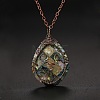 Double Sided Natural Paua Shell Copper Wire Wrapped Tree of Life Teardrop Pendant Necklaces FS-WG9357B-01-3