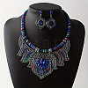 Bohemian Ethnic Style Alloy Rhinestone & Polyester Cord Pendant Necklaces & Horse Eye Stud Dangle Earrings Sets FS-WG2889B-02-1