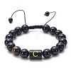 10MM Natural Black Onyx(Dyed & Heated) and Tiger Eye Alphabet Round Braided Bead Adjustable Bracelets for Women DM6424-3-1
